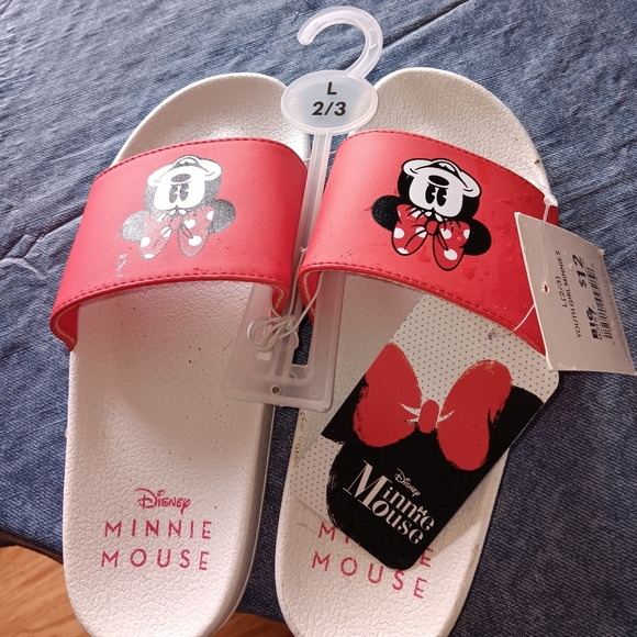 Disney Minnie Mouse White Red Slides Sandal Flip Flops Youth Girls 2/3 Large - Picture 2 of 2